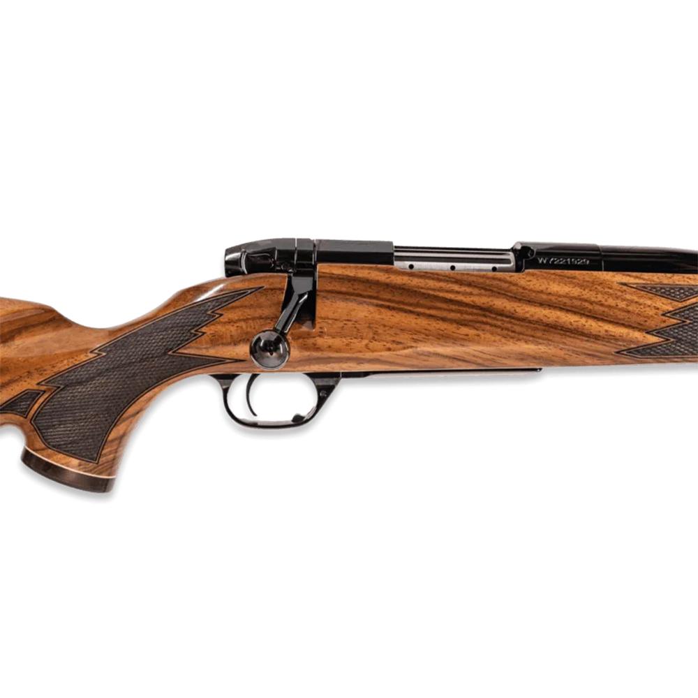 Weatherby Mark V Deluxe Varmintmaster Rifle 224 Wby Mag 4rd Magazine 24" 1/2x28 Threaded Barrel Walnut Picture of Weatherby Weatherby Mark V DLX VRMNTR 224WBY 24" THRDED Gloss Blue Walnut Stock