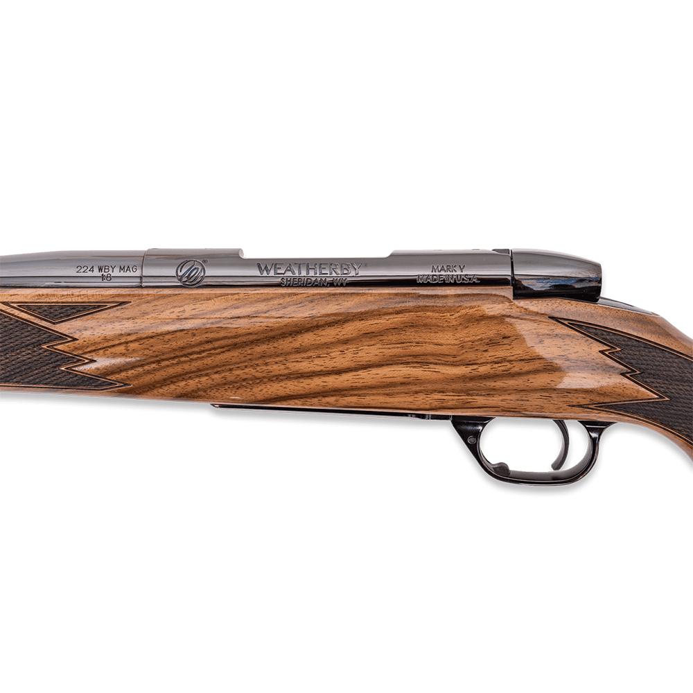 Weatherby Mark V Deluxe Varmintmaster Rifle 224 Wby Mag 4rd Magazine 24" 1/2x28 Threaded Barrel Walnut Picture of Weatherby Weatherby Mark V DLX VRMNTR 224WBY 24" THRDED Gloss Blue Walnut Stock