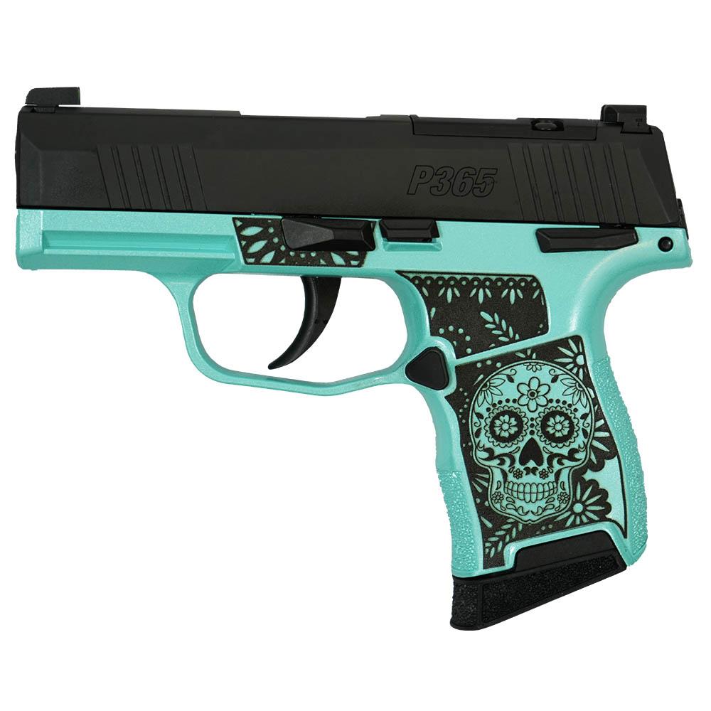 Sig Sauer "Sugar Skull Robin's Egg Blue Glitter" P365 Optic Ready Handgun 9mm Luger 10rd Magazines(2) 3.1" Barrel X-RAY 3 Sights Manual Safety Picture of Sig Sauer P365 9MM 3.1 BLK STRIKR XRAY3 OR 2 MAG MAN SAFETY-SUGAR SKULL ROBINS EGG B