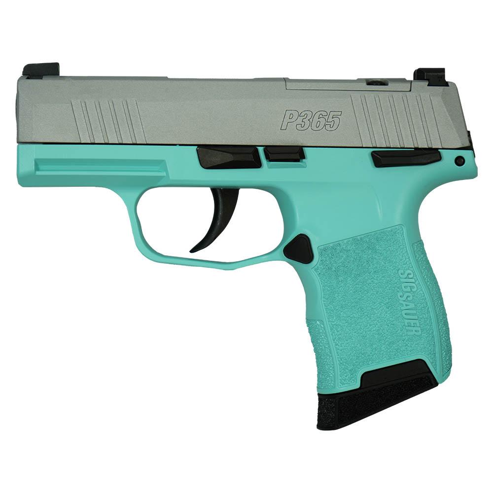 Sig Sauer "Silver Slide/Robin's Egg Blue Frame" P365 Optic Ready Handgun 9mm Luger 10rd Magazines(2) 3.1" Barrel X-RAY 3 Sights Manual Safety Picture of Sig Sauer P365 9MM 3.1IN BLK STRIKR XRAY3 OR 2 MAGS MANUAL SAFETY-ROBINS EGG BLUE