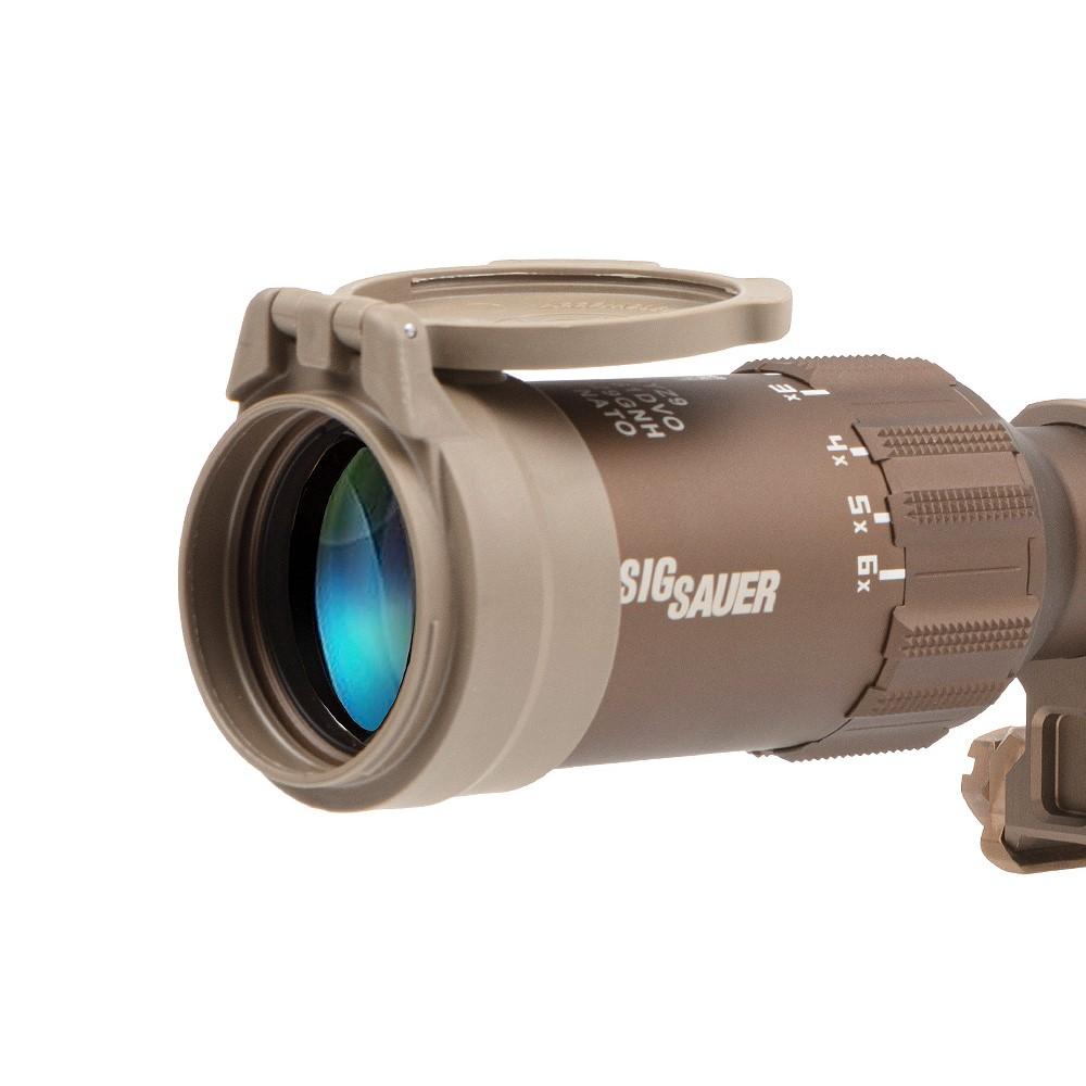 Sig Sauer Tango6T Rifle Scope 1-6x24mm 30mm FFP DWLR-556 Illum. FDE with DVO Factory Installed Alpha4 Mount / ARD & Flip-Back Caps Picture of Sig Sauer TANGO6T 1-6x24MM DVO FACTORY INSTALLED ALPHA4 MOUNT ARD AND FLIP-BACK CAPS