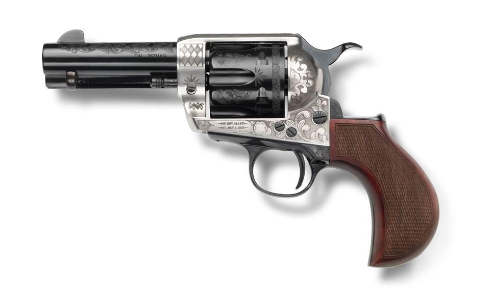 Pietta 1873 Alchimista Jr Handgun .45 Colt  6rd Capacity 3.5" Barrel Silver & Blue Engraved Checkered Grips Picture of EMF Inc. DBA Pietta 1873 ALCHIMISTA JR 45LC 3 1/2INSILVER/BLUED BIRDSHEAD CKRD GIRP WALNUT