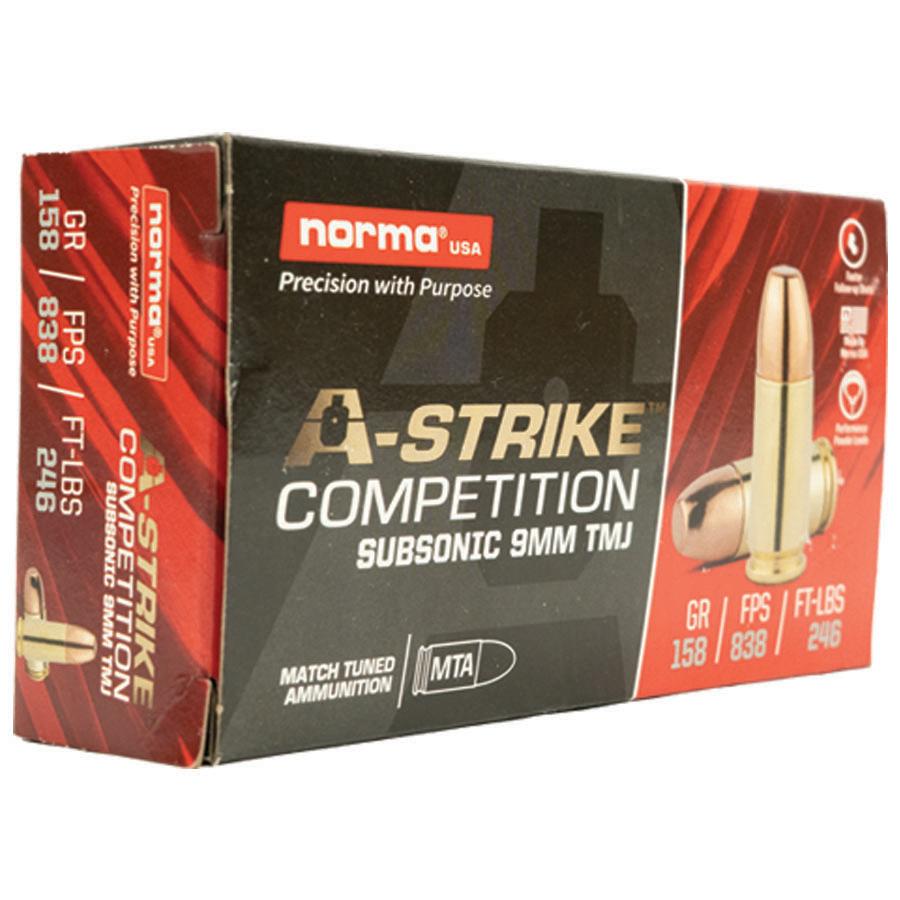 Norma A-Strike Subsonic Ammunition 9mm Luger 158gr TMJ 838 fps 50/ct Picture of Norma Ammunition A-Strike 9mm 158gr TMJ - Subsonic 50RDS AMMO