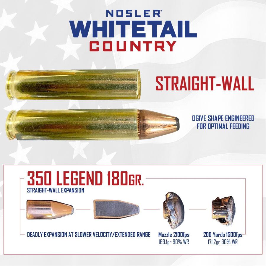 Nosler Whitetail Country Rifle Ammunition 350 Legend 180gr LFN 2100 fps 20/ct Picture of Nosler Bullets Inc. Nosler WCA-350 Legend 180g SW (20ct) Ammo