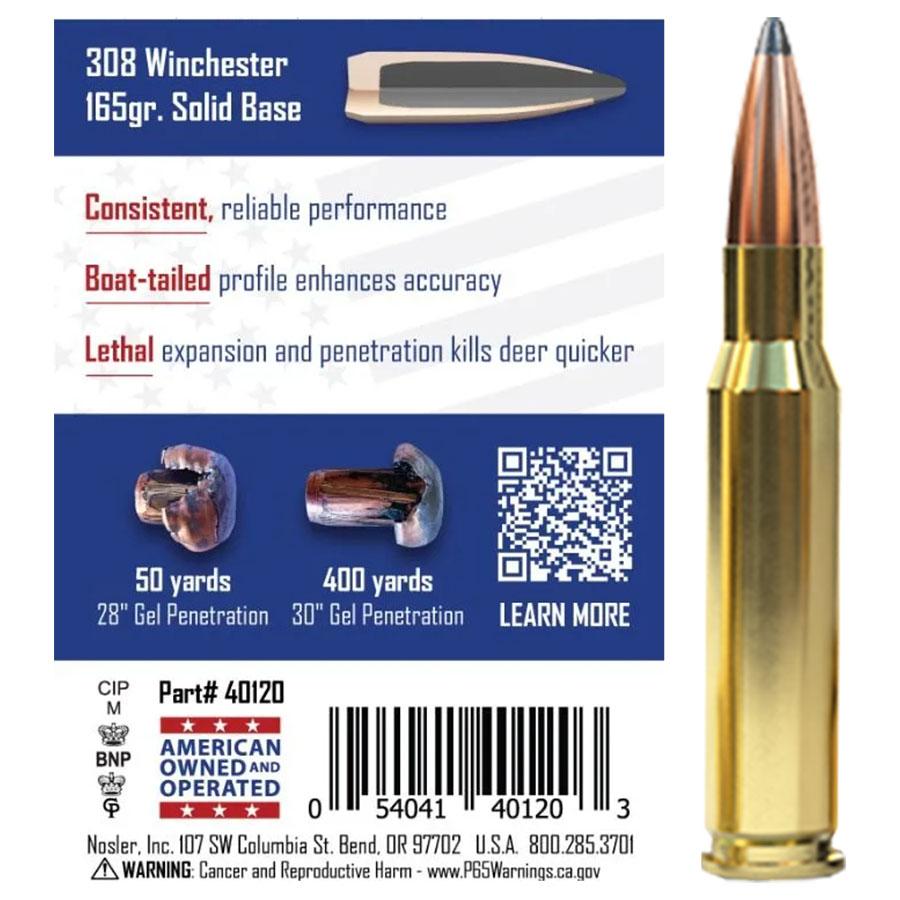 Nosler Whitetail Country Rifle Ammunition .308 Win 165gr SP 2800 fps 20/ct Picture of Nosler Bullets Inc. Nosler WCA-308 Win 165g SB SP (20ct) Ammo