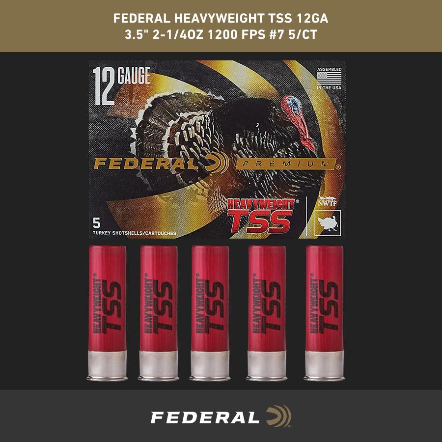 Federal Heavyweight TSS 12ga 3.5" 2-1/4oz 1200 fps #7 5/ct Picture of Federal Cartridge Co. FEDERAL PREMIUM TURKEY HEAVYWEIGHT TSS 12GA 3-1/2" 2-1/4 OZ 7 AMMO 5RD