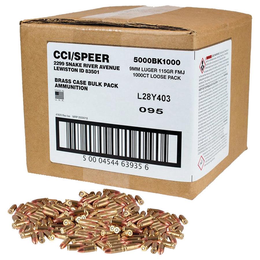 CCI Blazer Brass Handgun Ammunition 9mm Luger 115 gr FMJ 1145 fps 1000/ct Loose Bulk Pack