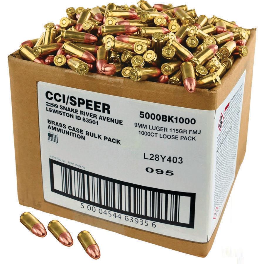 CCI Blazer Brass Handgun Ammunition 9mm Luger 115 gr FMJ 1145 fps 1000/ct Loose Bulk Pack Picture of Cci CCI 9mm 115gr FMJ 1000 rds Bulk Pack