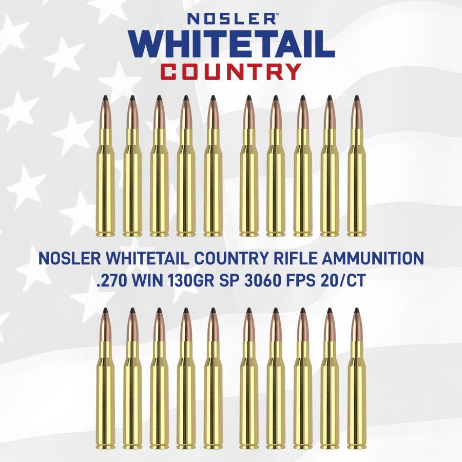 Nosler Whitetail Country Rifle Ammunition .270 Win 130gr SP 3060 fps 20/ct Picture of Nosler Bullets Inc. Nosler WCA-270 Win 130g SB SP (20ct) Ammo