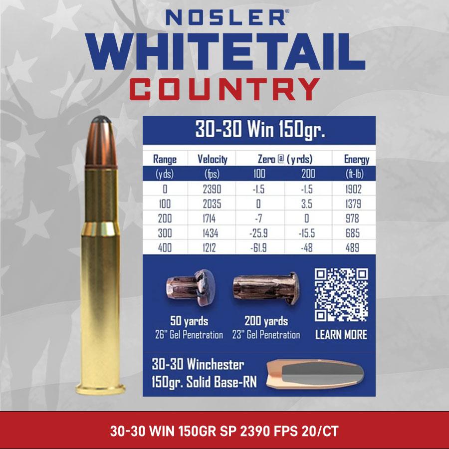 Nosler Whitetail Country Rifle Ammunition 30-30 Win 150gr SP 2390 fps 20/ct Picture of Nosler Bullets Inc. Nosler WCA-30-30 Win 150g SB RN (20ct) Ammo