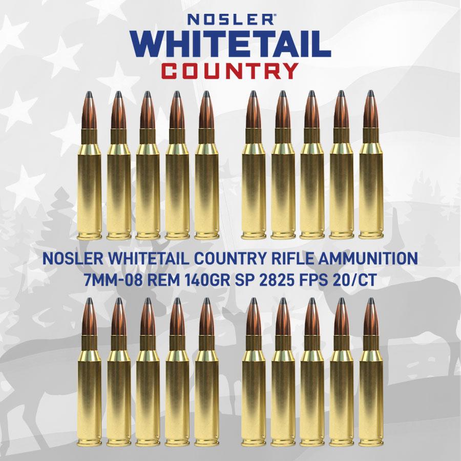 Nosler Whitetail Country Rifle Ammunition 7mm-08 Rem 140gr SP 2825 fps 20/ct Picture of Nosler Bullets Inc. Nosler WCA-7mm-08 Rem 140g SB SP (20ct) Ammo