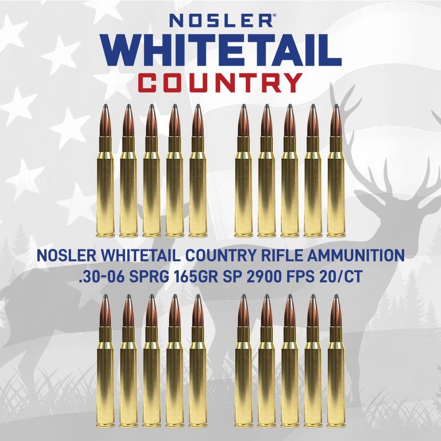 Nosler Whitetail Country Rifle Ammunition .30-06 Sprg 165gr SP 2900 fps 20/ct Picture of Nosler Bullets Inc. Nosler WCA-30-06 Sprg 165g SB SP (20ct) Ammo