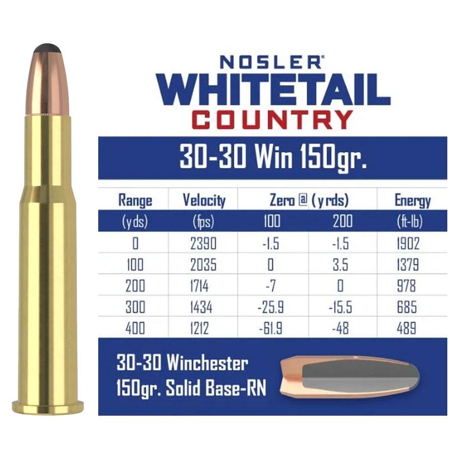 Nosler Whitetail Country Rifle Ammunition 30-30 Win 150gr SP 2390 fps 20/ct Picture of Nosler Bullets Inc. Nosler WCA-30-30 Win 150g SB RN (20ct) Ammo
