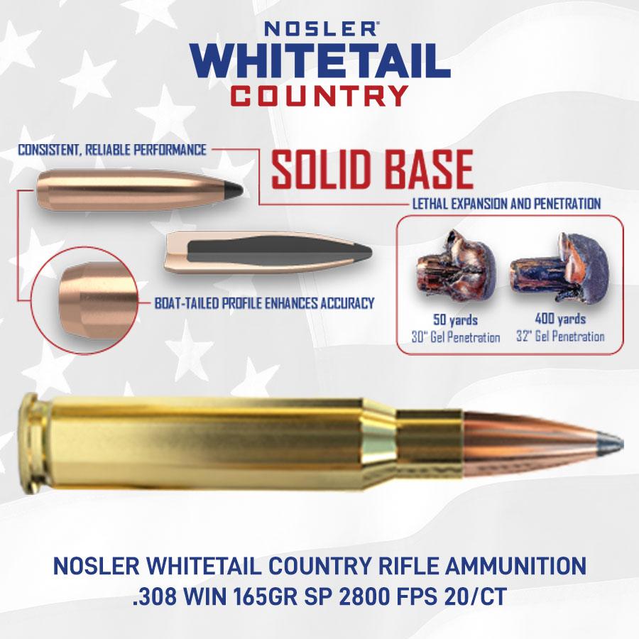 Nosler Whitetail Country Rifle Ammunition .308 Win 165gr SP 2800 fps 20/ct Picture of Nosler Bullets Inc. Nosler WCA-308 Win 165g SB SP (20ct) Ammo
