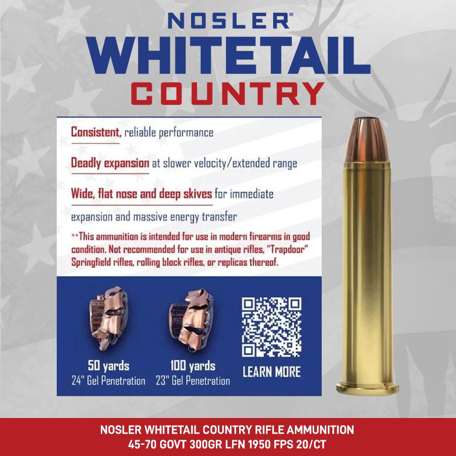 Nosler Whitetail Country Rifle Ammunition 45-70 Govt 300gr LFN 1950 fps 20/ct Picture of Nosler Bullets Inc. Nosler WCA-45-70 Govt 300g SW (20ct) Ammo