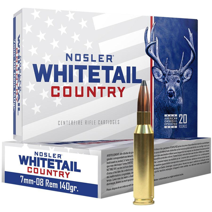 Nosler Whitetail Country Rifle Ammunition 7mm-08 Rem 140gr SP 2825 fps 20/ct Picture of Nosler Bullets Inc. Nosler WCA-7mm-08 Rem 140g SB SP (20ct) Ammo