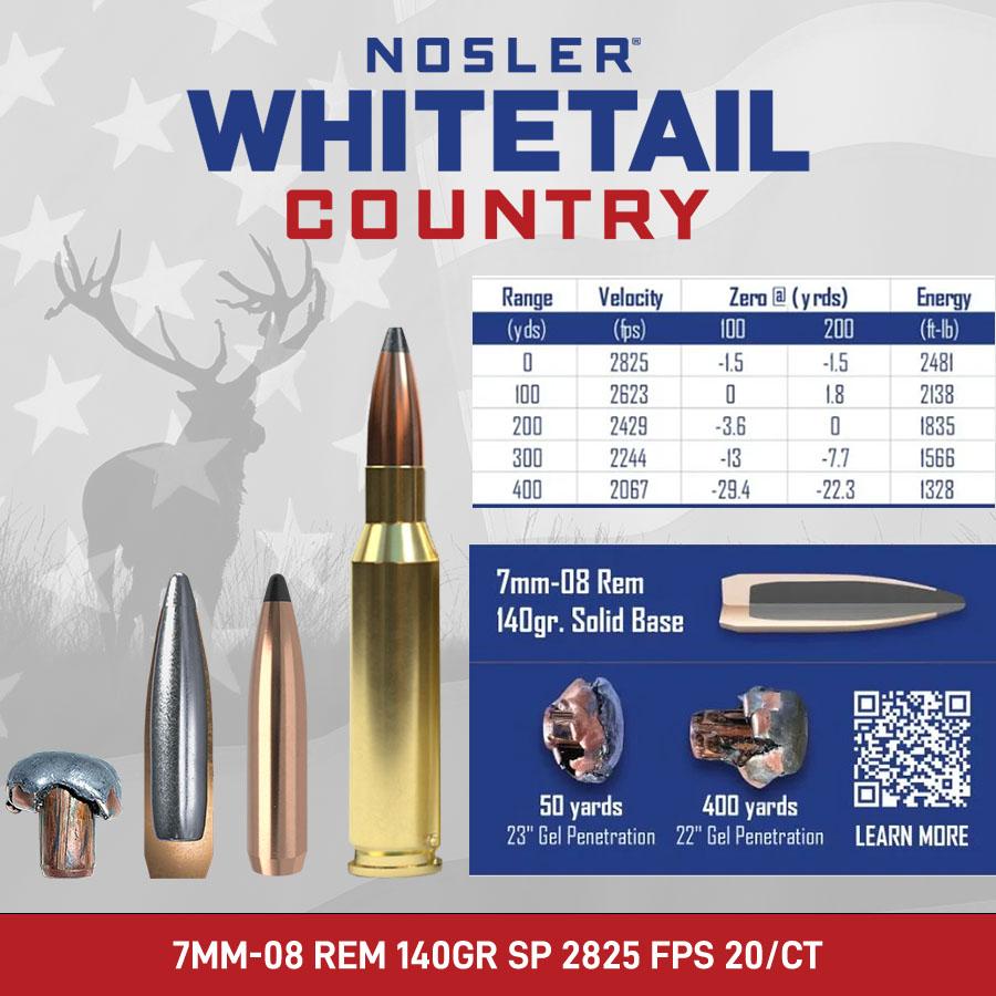 Nosler Whitetail Country Rifle Ammunition 7mm-08 Rem 140gr SP 2825 fps 20/ct Picture of Nosler Bullets Inc. Nosler WCA-7mm-08 Rem 140g SB SP (20ct) Ammo