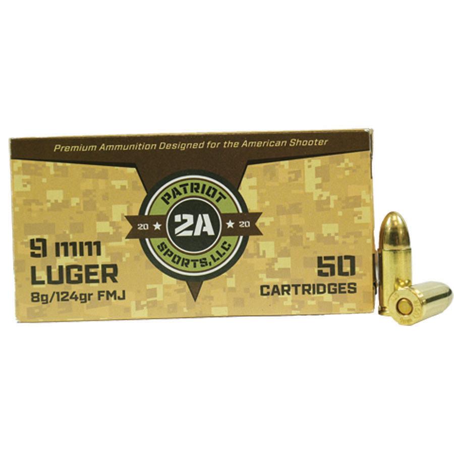 Patriot Sports Brass Case Handgun Ammunition 9mm Luger 124gr FMJ 1148 fps 1000/ct (Case of 20-50/ct Boxes) Picture of Patriot Sports LLC Patriot Sports 9mm 124gr FMJ Brass Case 1000 Round Case