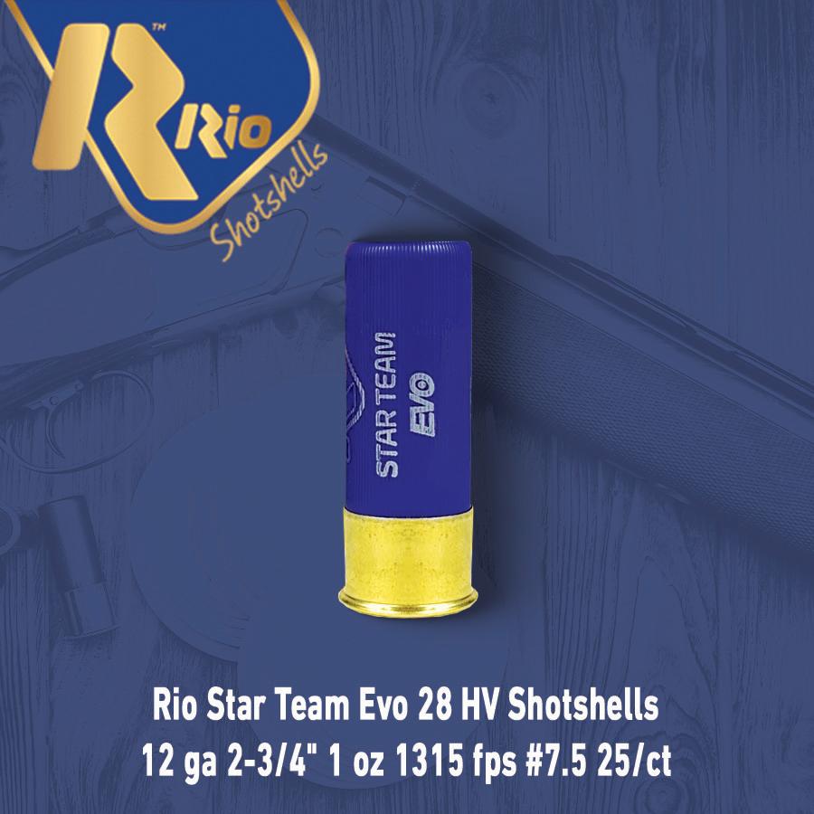 Rio Star Team Evo 28 HV Shotshells 12 ga 2-3/4" 1 oz 1315 fps #7.5 25/ct Picture of Rio Outdoors Corp Star Team EVO 28 HV 12ga 2-3/4" 1315fps 1oz #7.5
