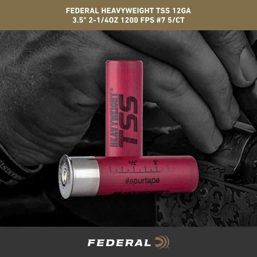 Federal Heavyweight TSS 12ga 3.5" 2-1/4oz 1200 fps #7 5/ct Picture of Federal Cartridge Co. FEDERAL PREMIUM TURKEY HEAVYWEIGHT TSS 12GA 3-1/2" 2-1/4 OZ 7 AMMO 5RD