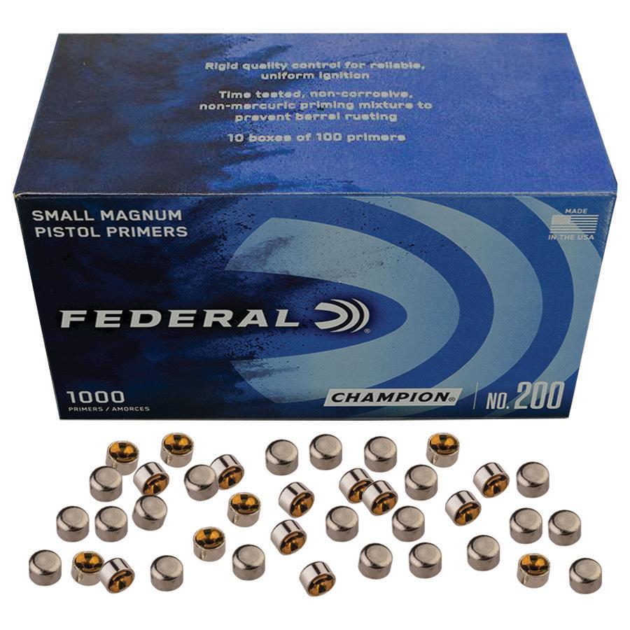 Federal Premium Champion Centerfire Primers Mag Small Pistol 1000/ct Picture of Federal Cartridge Co. FEDERAL CHAMPION CENTERFIRE SMALL MAGNUM PISTOL PRIMER 1000CT