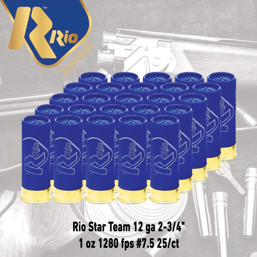 Rio Star Team 12 ga 2-3/4" 1 oz 1280 fps #7.5 25/ct Picture of Rio Outdoors Corp Star Team EVO 12GA 2 3/4" MAX 1oz #7.5 1280 FPS