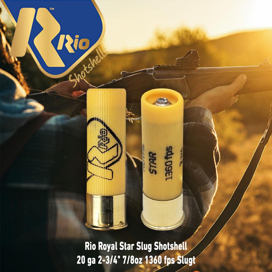 Rio Royal Star Slug Shotshell 20 ga 2-3/4" 7/8oz 1360 fps Slug 25/ct Picture of Rio Outdoors Corp Royal Star Slug 20ga 2-3/4" 7/8oz 1360fps 25RD