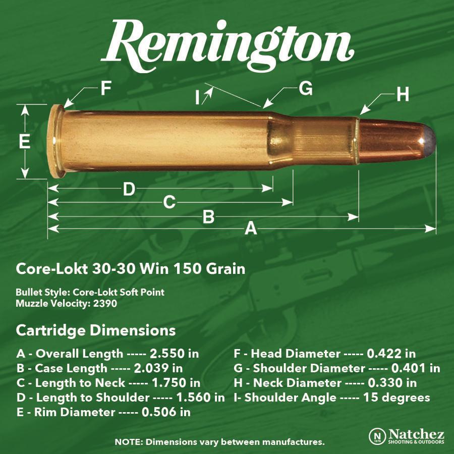 Remington Core-Lokt Rifle Ammunition .30-30 Win 150 gr SP 2390 fps 20/ct Picture of Remington Arms Co. Inc. REMINGTON 30-30 WIN 150GR CORE-LOKT SP AMMO 20RD