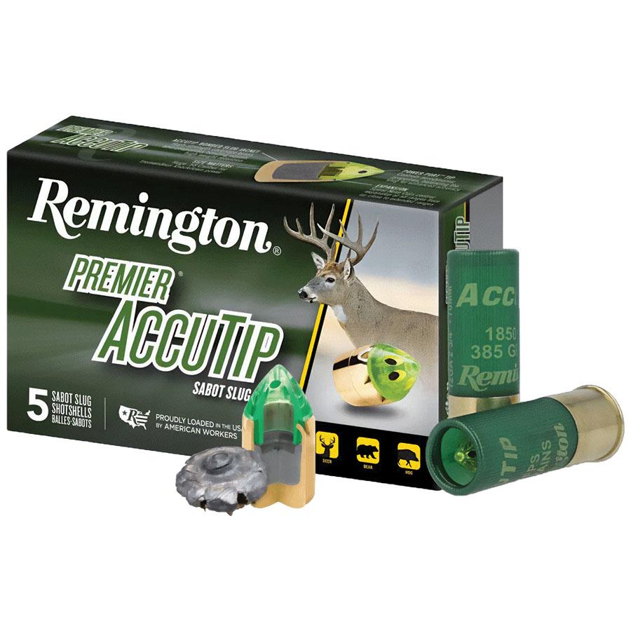 Remington Premier AccuTip Bonded Sabot Slug 12 ga 2 3/4" 385 gr Slug 1850 fps 5/ct Picture of Remington Arms Co. Inc. REMINGTON PREMIER ACCUTIP SABOT SLUG LOADS 12GA 2-3/4IN 385 PPT AMMO 5RD