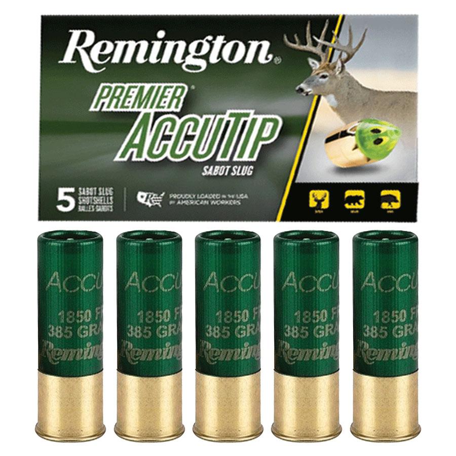Remington Premier AccuTip Bonded Sabot Slug 12 ga 2 3/4" 385 gr Slug 1850 fps 5/ct Picture of Remington Arms Co. Inc. REMINGTON PREMIER ACCUTIP SABOT SLUG LOADS 12GA 2-3/4IN 385 PPT AMMO 5RD