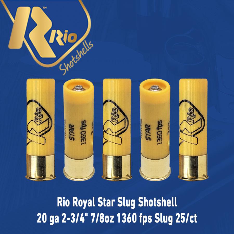Rio Royal Star Slug Shotshell 20 ga 2-3/4" 7/8oz 1360 fps Slug 25/ct Picture of Rio Outdoors Corp Royal Star Slug 20ga 2-3/4" 7/8oz 1360fps 25RD