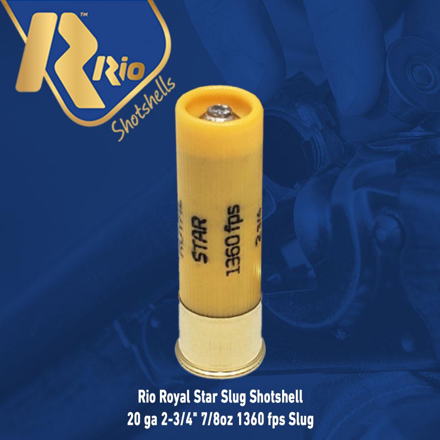 Rio Royal Star Slug Shotshell 20 ga 2-3/4" 7/8oz 1360 fps Slug 25/ct Picture of Rio Outdoors Corp Royal Star Slug 20ga 2-3/4" 7/8oz 1360fps 25RD