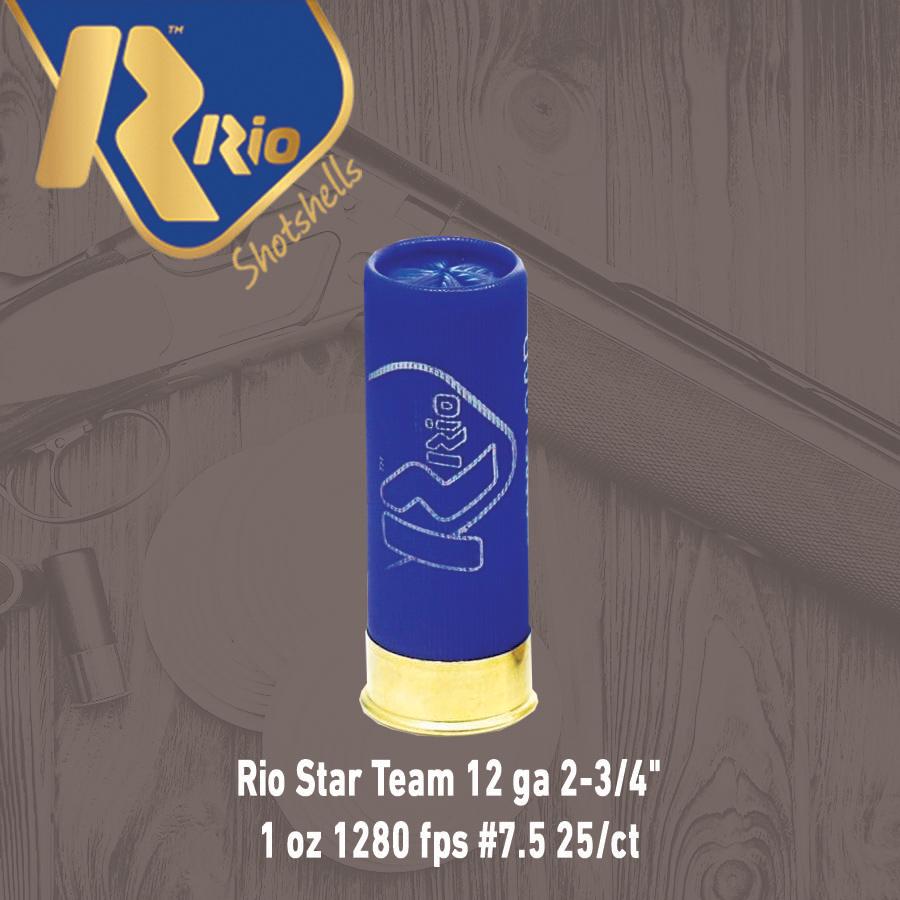 Rio Star Team 12 ga 2-3/4" 1 oz 1280 fps #7.5 25/ct Picture of Rio Outdoors Corp Star Team EVO 12GA 2 3/4" MAX 1oz #7.5 1280 FPS