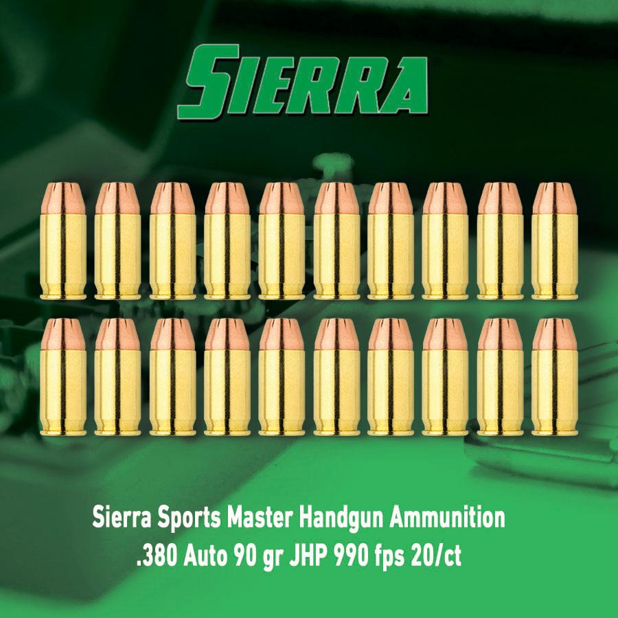Sierra Sports Master Handgun Ammunition .380 Auto 90 gr JHP 990 fps 20/ct Picture of Sierra Bullets Sierra Sports Master 380 Auto 90 GR JHP Ammo 20 rnds
