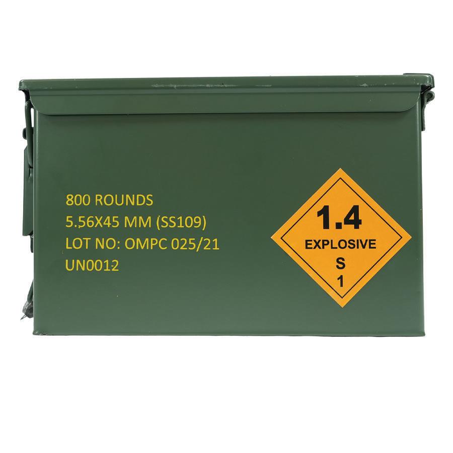 OMPC M855 Steel Core Rifle Ammunition 5.56mm 62gr FMJ 3020 fps 800rds (Boxed in Metal Can) Picture of Used Goods SS109 62 Grain Full Metal Jacket Steel Core 800 Rounds in Ammo Can