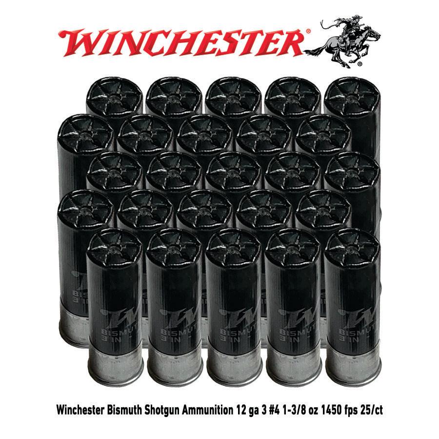 Winchester Bismuth Shotgun Ammunition 12 ga 3 #4 1-3/8 oz 1450 fps 25/ct Picture of Winchester Ammunition 12 GA 3 #4 BISMUTH 1-3/8 OZ 25 Rounds