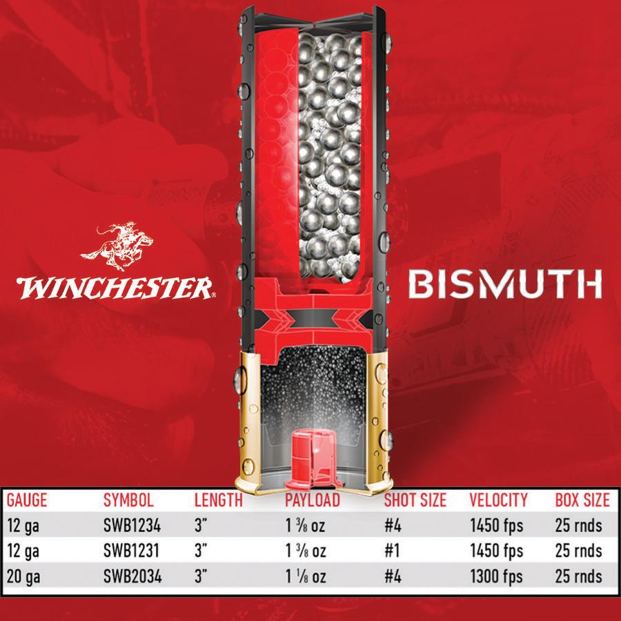 Winchester Bismuth Shotgun Ammunition 12 ga 3 #4 1-3/8 oz 1450 fps 25/ct Picture of Winchester Ammunition 12 GA 3 #4 BISMUTH 1-3/8 OZ 25 Rounds