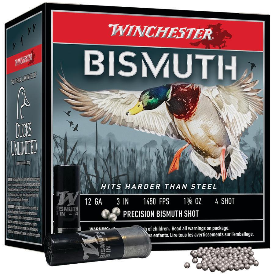 Winchester Bismuth Shotgun Ammunition 12 ga 3 #4 1-3/8 oz 1450 fps 25/ct Picture of Winchester Ammunition 12 GA 3 #4 BISMUTH 1-3/8 OZ 25 Rounds