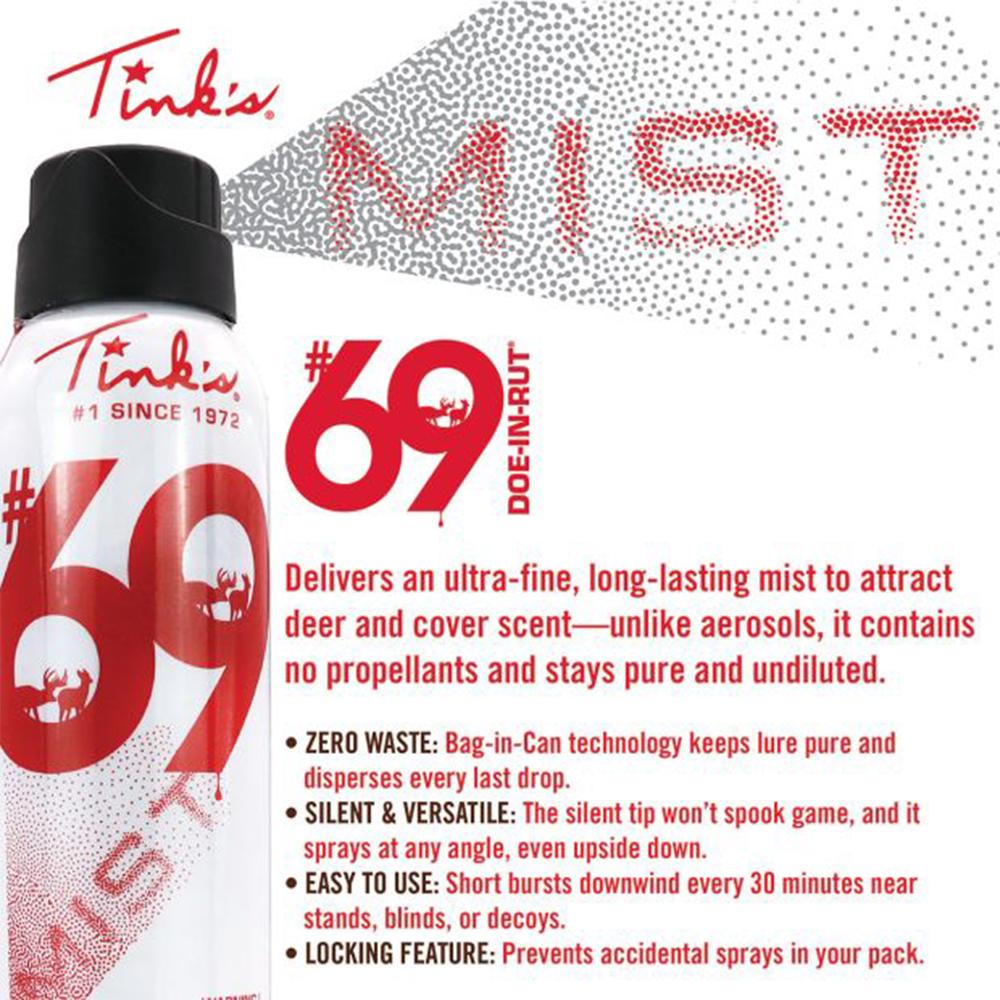 Tink's #69 Doe-In-Rut Hot Shot Mist 3 oz Aerosol Picture of Dead Down Wind DBA Arcus Hunting #69 Hot Shot Spray Mist 3 oz