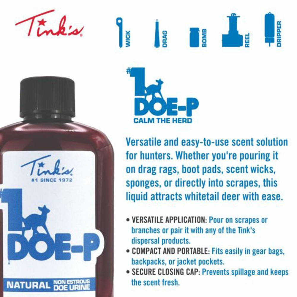 Tink's #1 Doe-P Calming Plastic Bottle 4 oz Picture of Dead Down Wind DBA Arcus Hunting #1 DoeP NonEstrous Plastic Squeeze Bottle 4 oz
