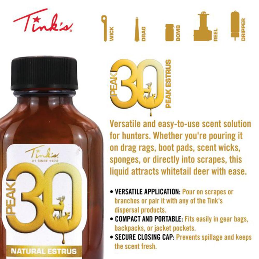Tink's Peak30 Premium Doe Estrus 1 oz Bottle Picture of Dead Down Wind DBA Arcus Hunting PEAK30 Premium Doe Estrus Glass Bottle 1oz