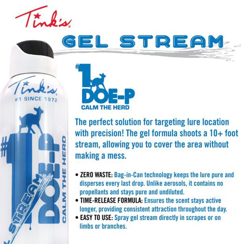 Tink's #1 Doe-P Calming Hot Shot Gel Stream 5 oz Aerosol Picture of Dead Down Wind DBA Arcus Hunting #1 DoeP NonEstrous Gel Stream Spray