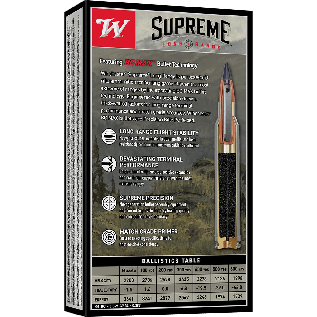 Winchester Supreme Long Range Rifle Ammunition .300 Win Mag 195gr PT 2900 fps 20/ct Picture of Winchester Ammunition WINCHESTER SUPREME LONG RANGE 300 WIN MAG BC MAX 195 GR 20/RDS