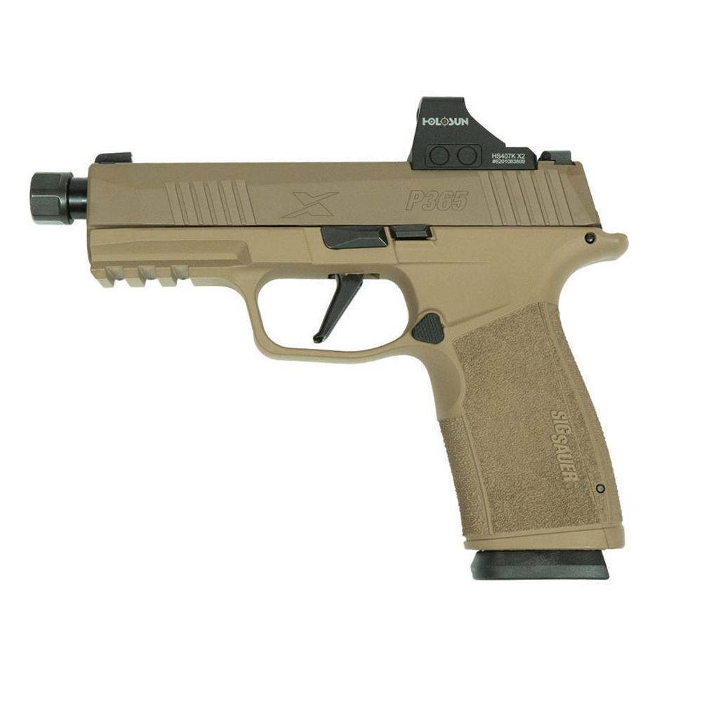 Sig P365 XMacro Handgun 9mm Luger 17rd Magazines (2) Threaded Barrel Two-Tone Tan XSeries Slide with Optic Picture of Sig Sauer Sig P365 XMACRO 9MM Pistol XSeries Slide (2) 17rd 2-Tone Tan TB w/optic
