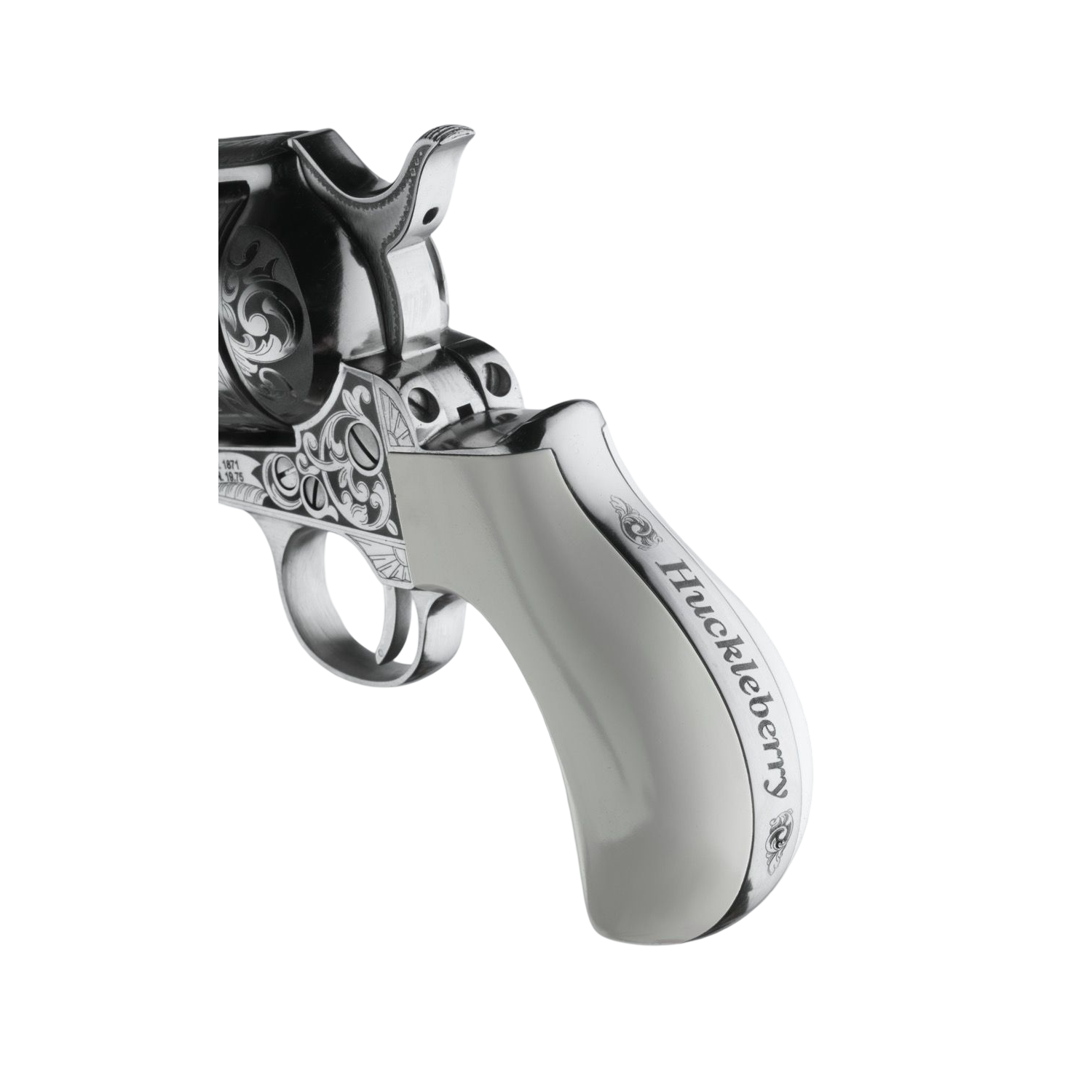 HUCKLEBERRY 3.5'' 45LC NICKEL W/ LASER ENGRAVING POLY IVORY GRIP Picture of Cimarron Fac HUCKLEBERRY 3.5'' 45LC NI LSR ENG PI GRIP