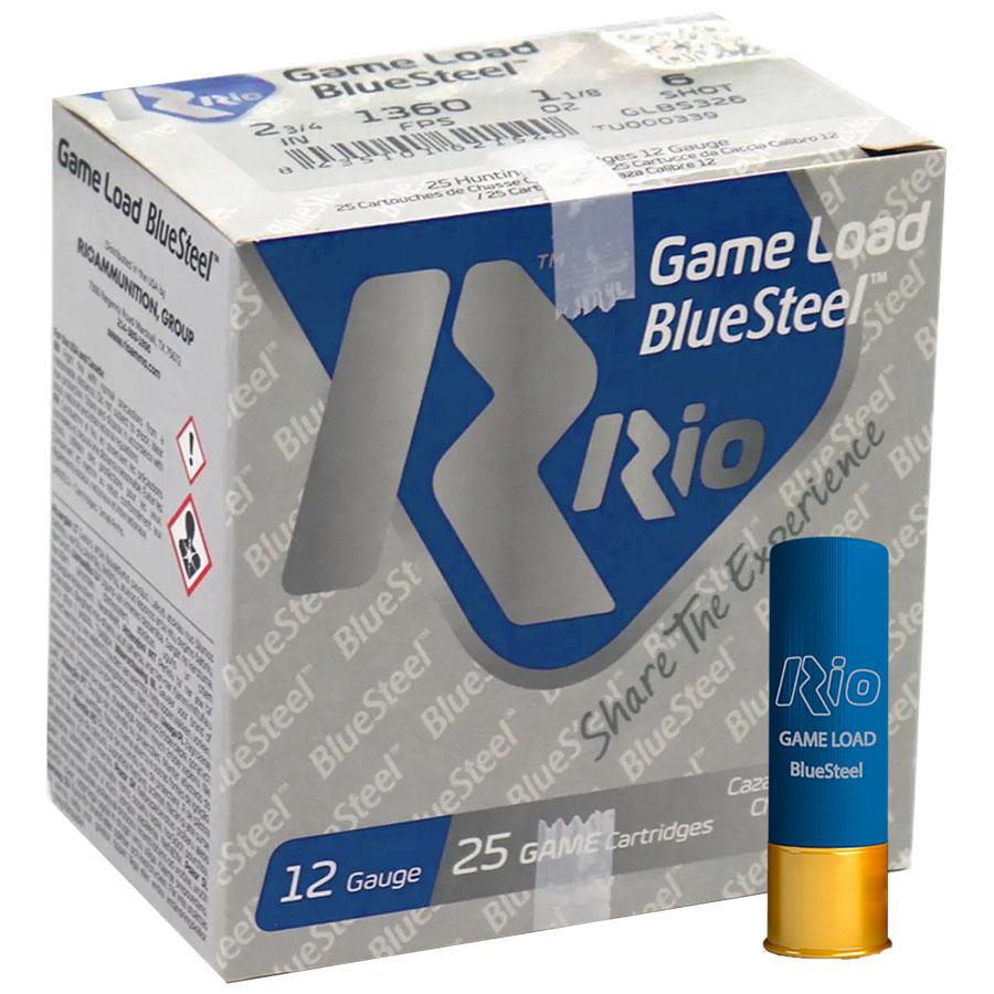 Rio Game Load Blue Steel Shotshells 12 ga 2-3/4" 1-1/8oz 1360 fps #6 25/ct Picture of Rio Outdoors Corp RIO Game Load BlueSteel 12GA 2-3/4" 1-1/8oz #6 MAX 1360 FPS
