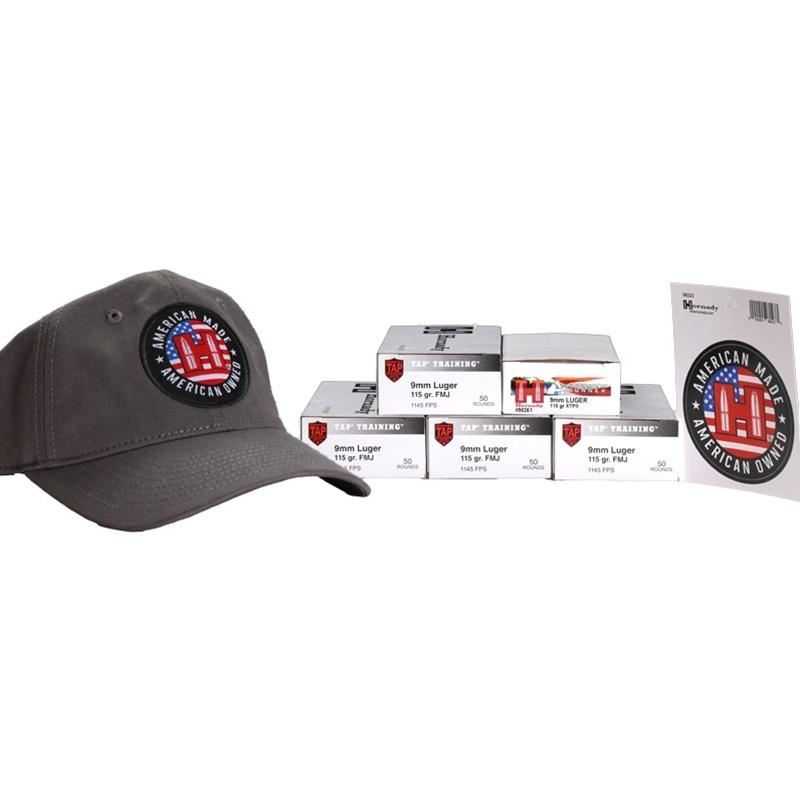 Hornady  250th Anniversary Ammo Can Combo 9mm Luger 50/ct 115gr American Gunner XTP & 200/ct TAP Training FMJ w/ Hat and Sticker Picture of Hornady Mfg HORNADY AMMO 9MM 115 GR 250 RD (50 RD XTP AG / 200 RD TAP)