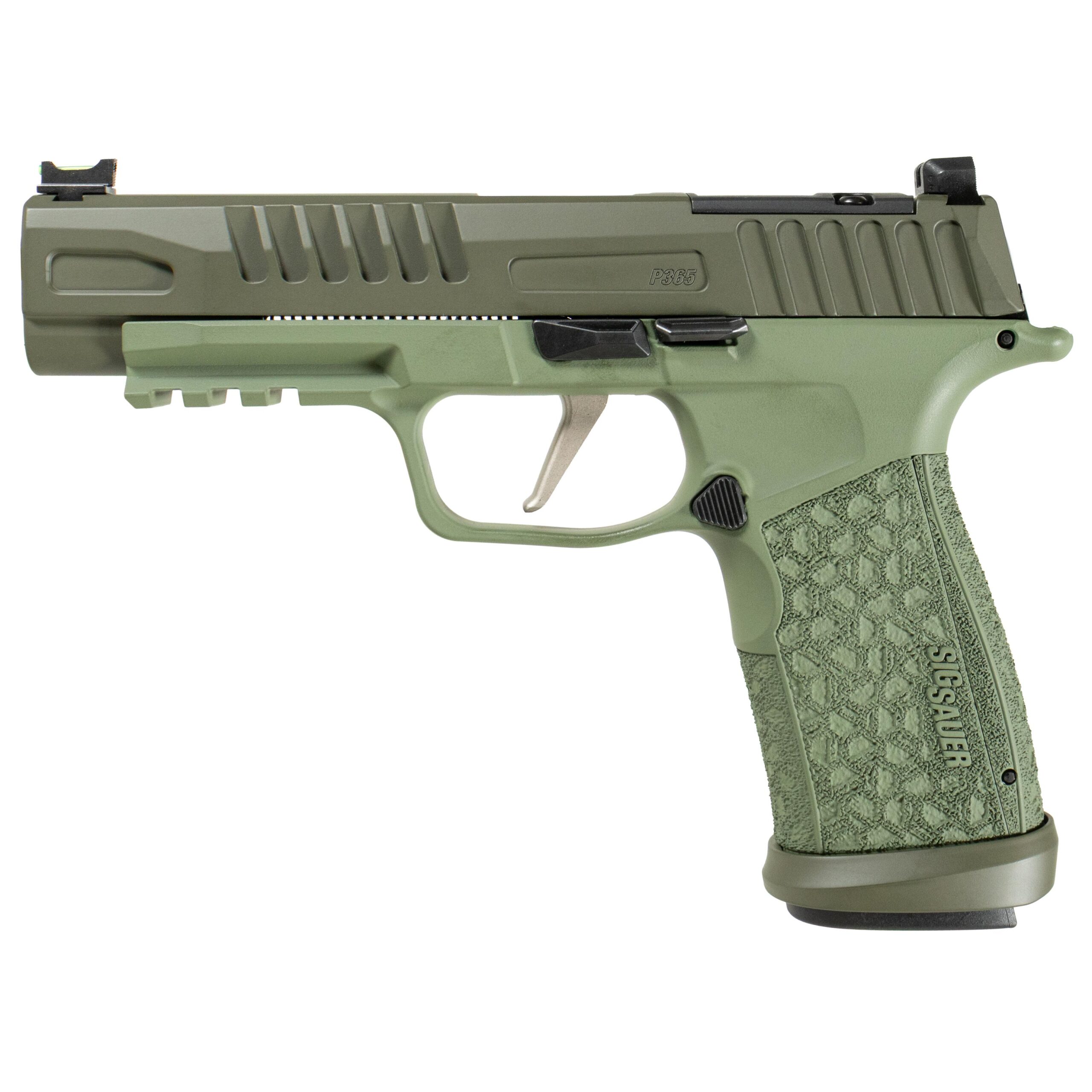 Sig Sauer P365 Fuse Two-Tone ODG Handgun 9mm Luger 21(2)&17(1)rd Magazines 4.3" Barrel LXG Front Optic Sight Picture of Sig Sauer P365 FUSE 9MM 4.3IN BLK FO FRONT W/BLK REAR LXG (1)17 (2)21 2-Tone OD Green