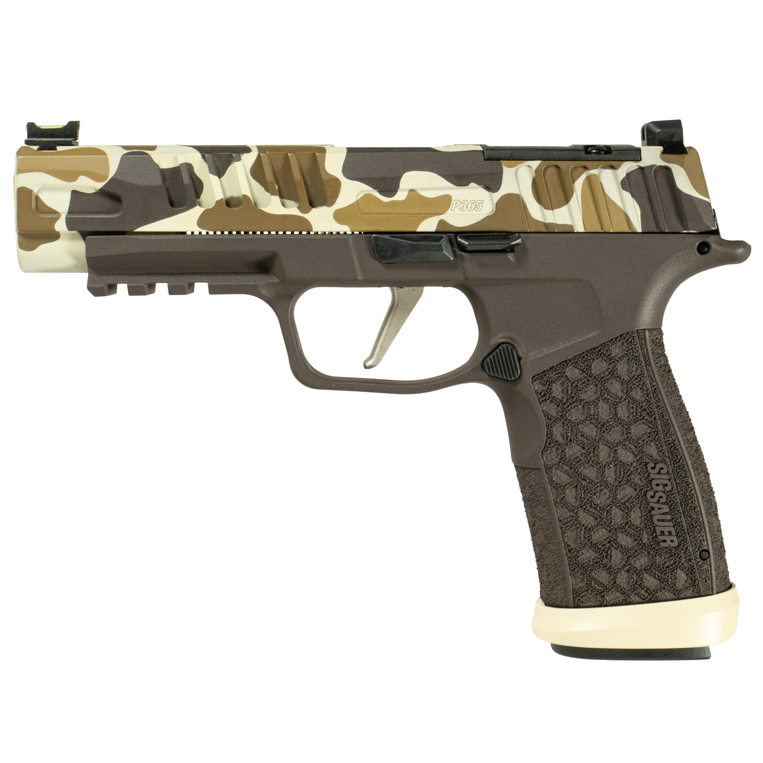Sig Sauer P365 Fuse Duck Camo 2 Handgun 9mm Luger 21(2)&17(1)rd Magazines 4.3" Barrel LXG Front Optic Sight Picture of Sig Sauer P365 FUSE 9MM 4.3IN BLK FO FRONT W/BLK REAR LXG (1)17 (2)21 Duck Camo 2