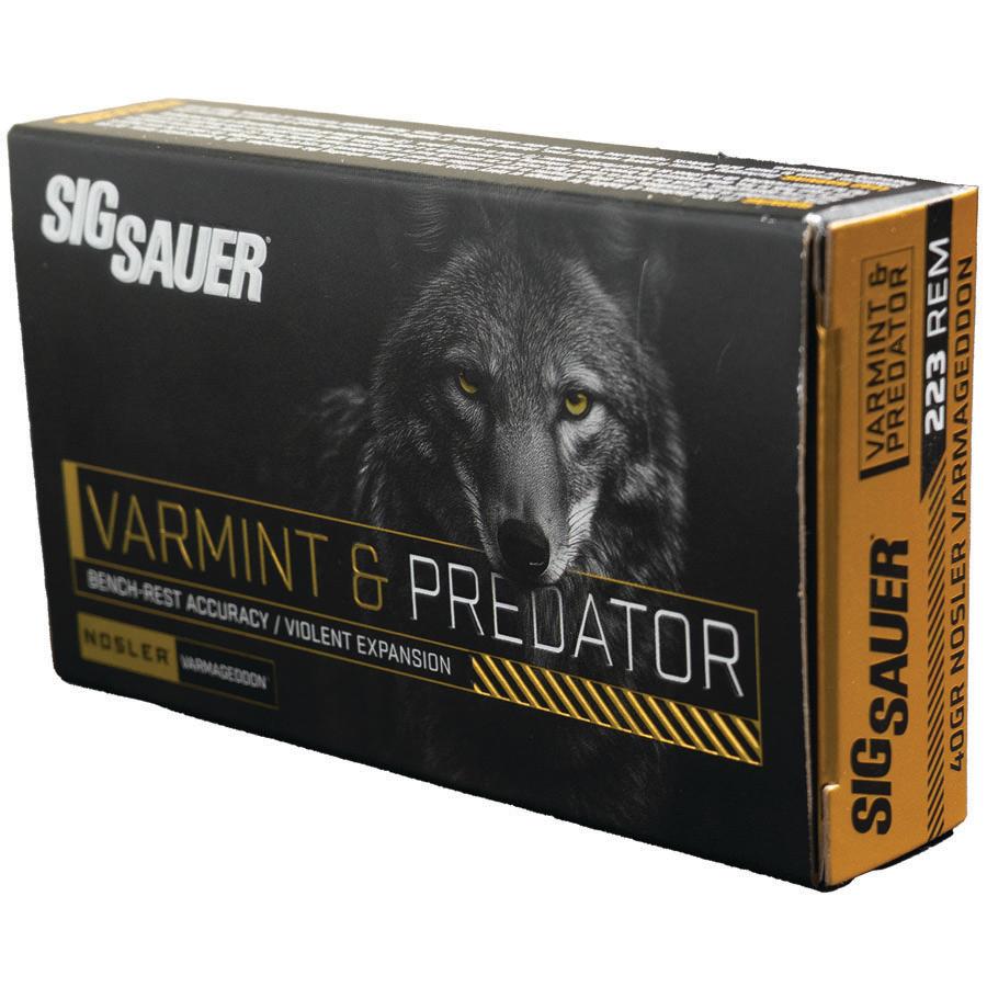 Sig Sauer Varmint & Predator w/Varmageddon Rifle Ammunition .223 Rem 40gr PT 3650 fps 20/ct Picture of Sig Sauer SIG AMMO 223 REM 40GR VARMINT & PREDATOR VARMAGEDDON BOX/20